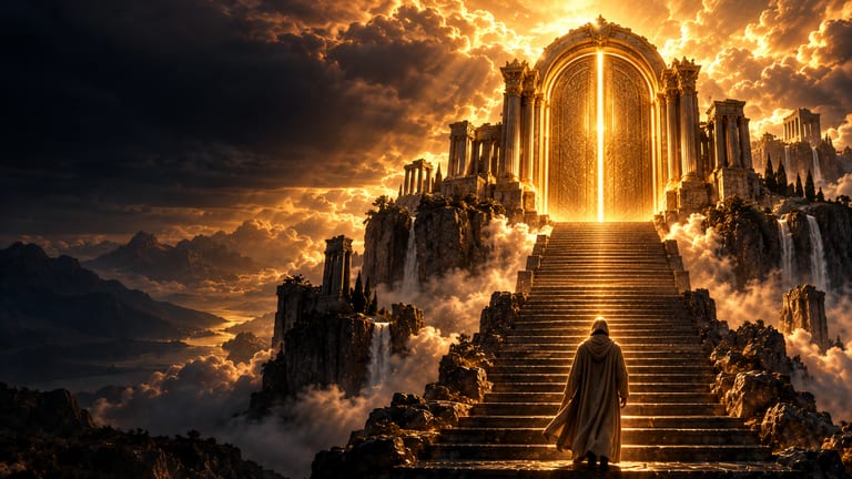 A hooded figure climbing a stone staircase above the clouds toward a glowing golden gateway