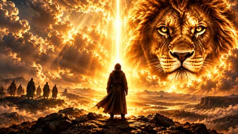 Episode 4, The Chosen: a robed figure and followers before a giant golden lion in the clouds